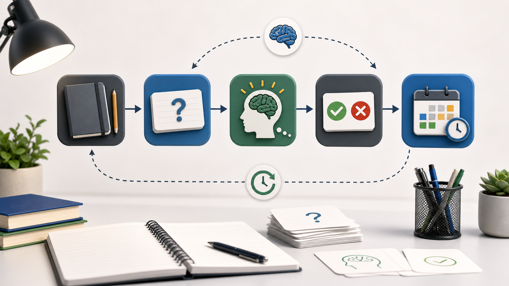 Active recall workflow with question cards, recall, feedback, and spaced review