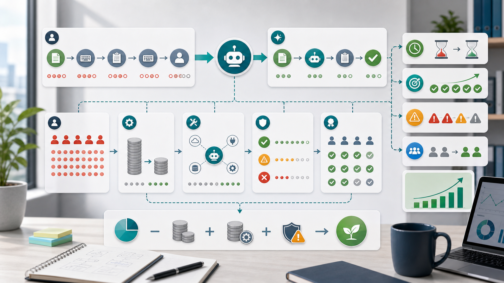 수작업, 자동화, 검수, 위험, 품질, 회수 기간을 비교하는 AI 자동화 ROI workflow 이미지