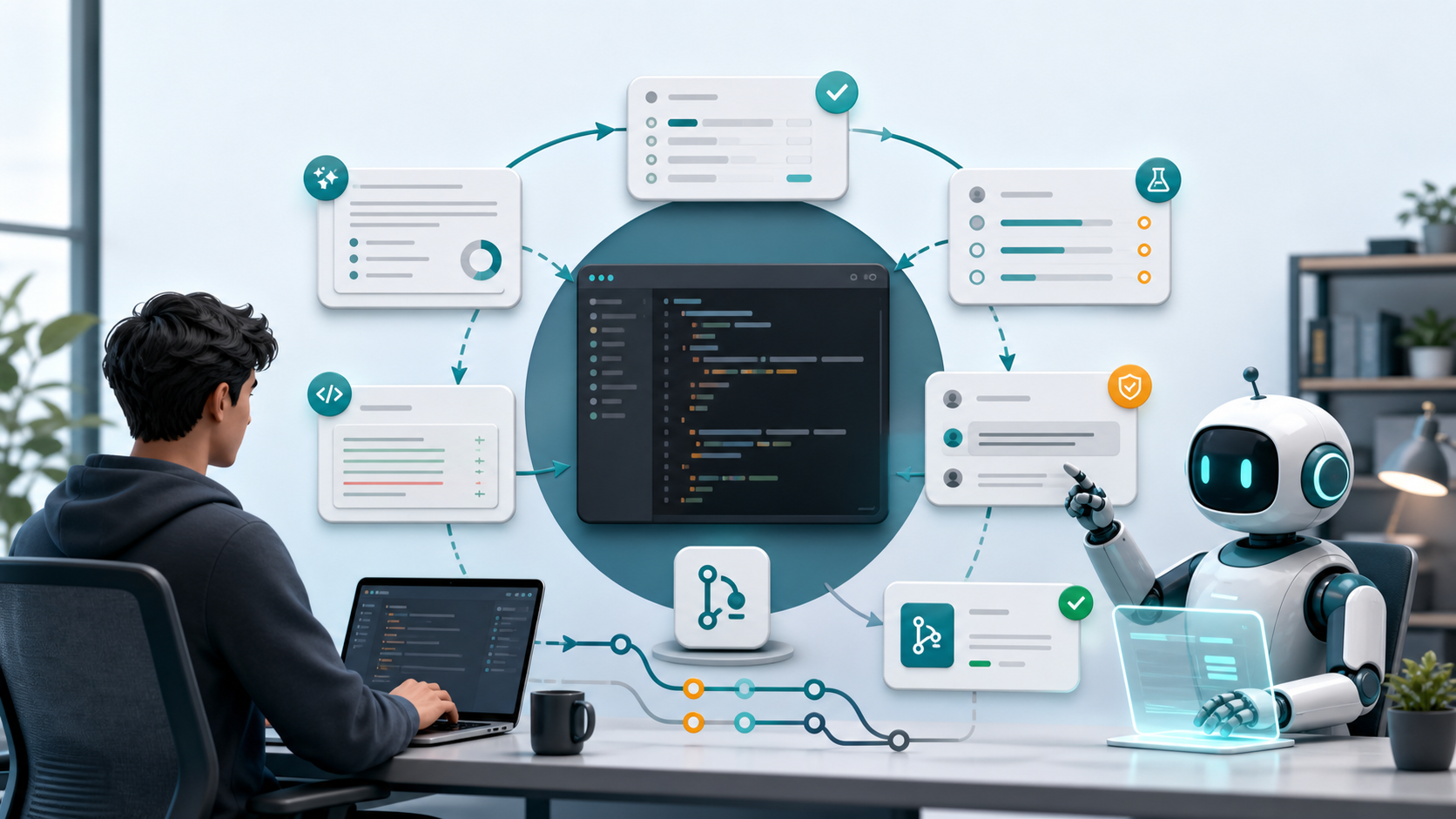 계획, 코딩, 테스트, 리뷰, Pull Request 단계를 보여주는 AI coding agent workflow 이미지