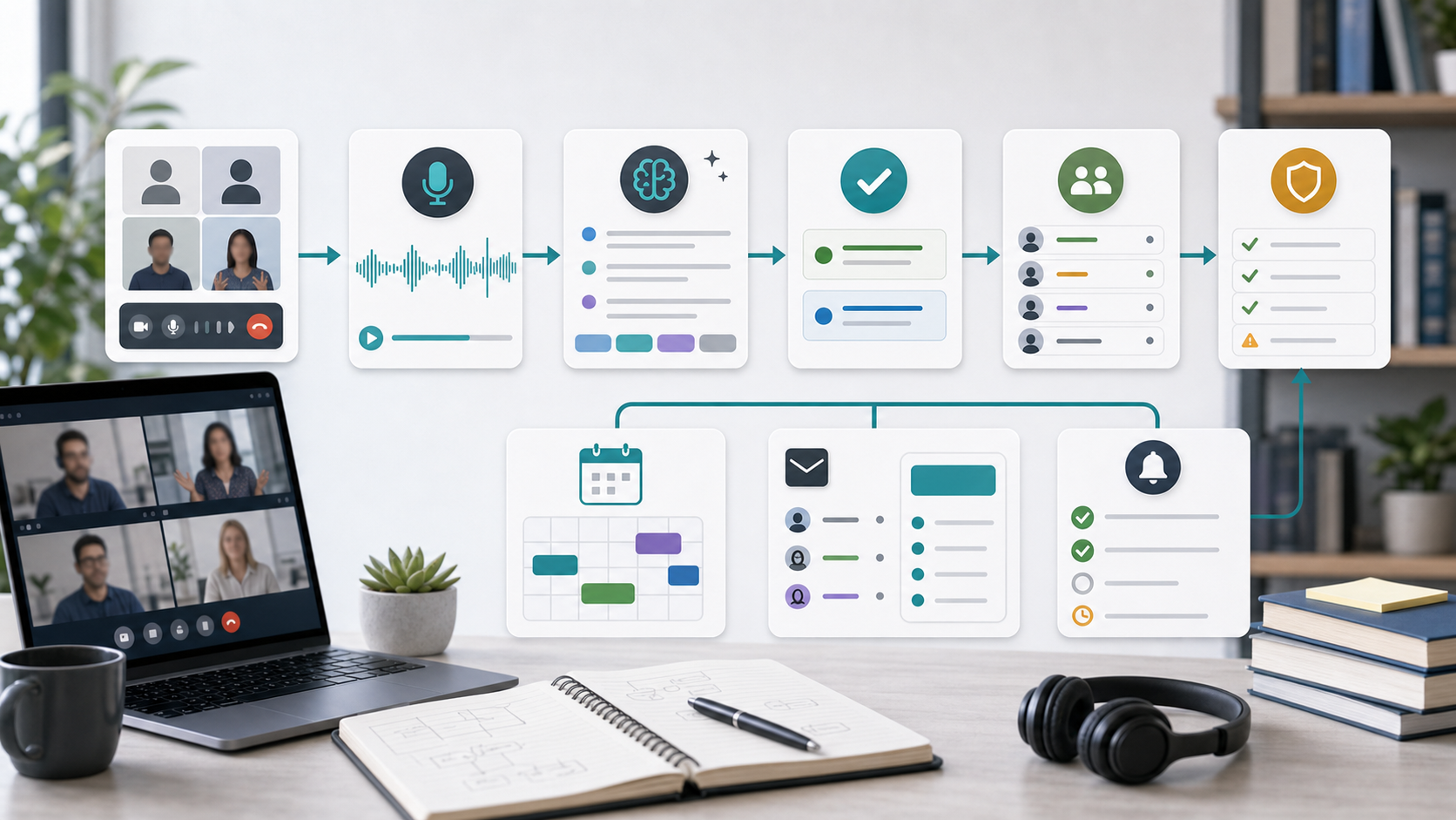 AI meeting notes workflow from call audio to transcript, decisions, action items, calendar follow-up, and privacy review