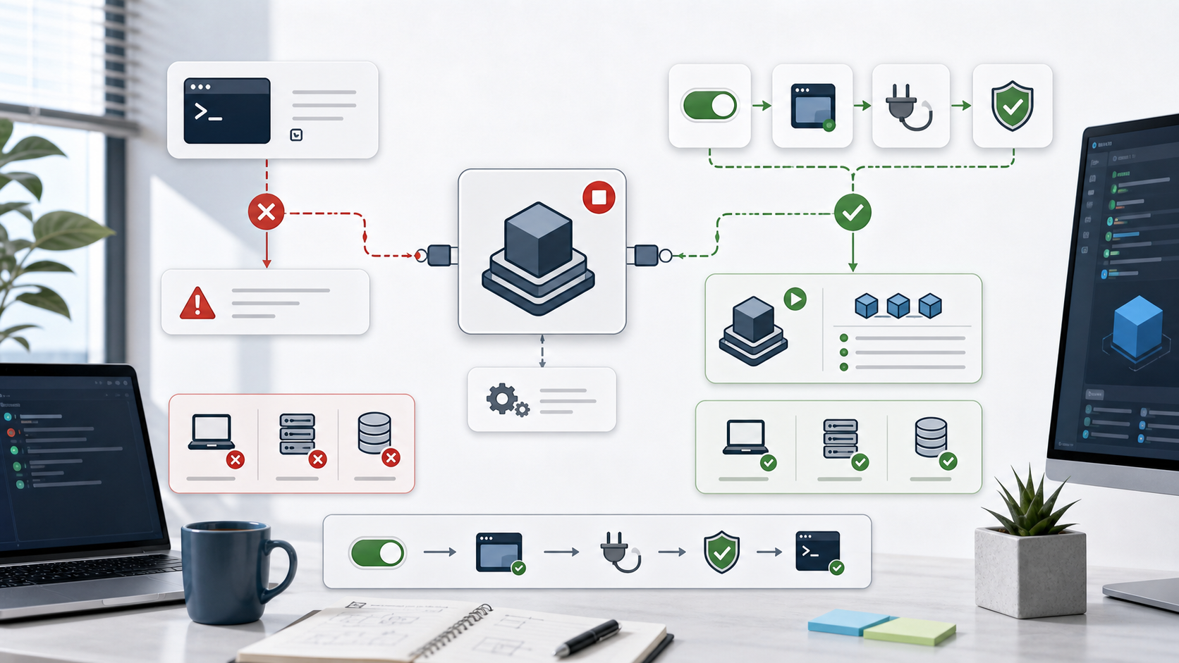 Docker daemon not running troubleshooting flow with stopped engine, service start, socket check, and successful container status