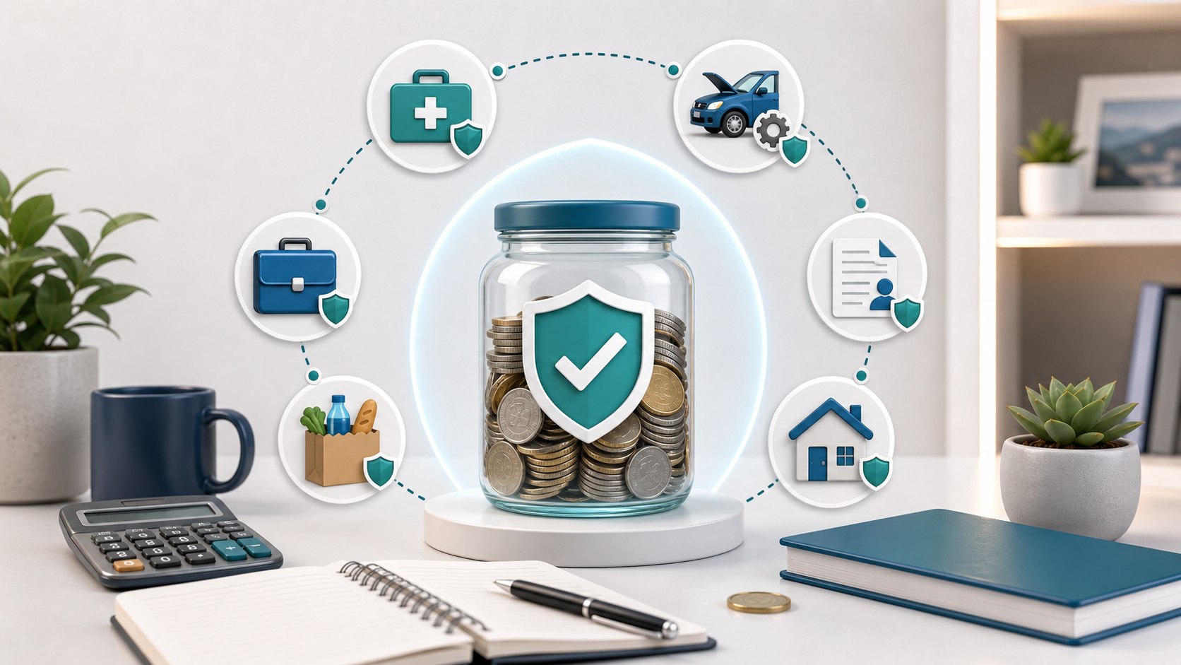 Emergency fund jar protected by a shield and surrounded by unexpected expense icons