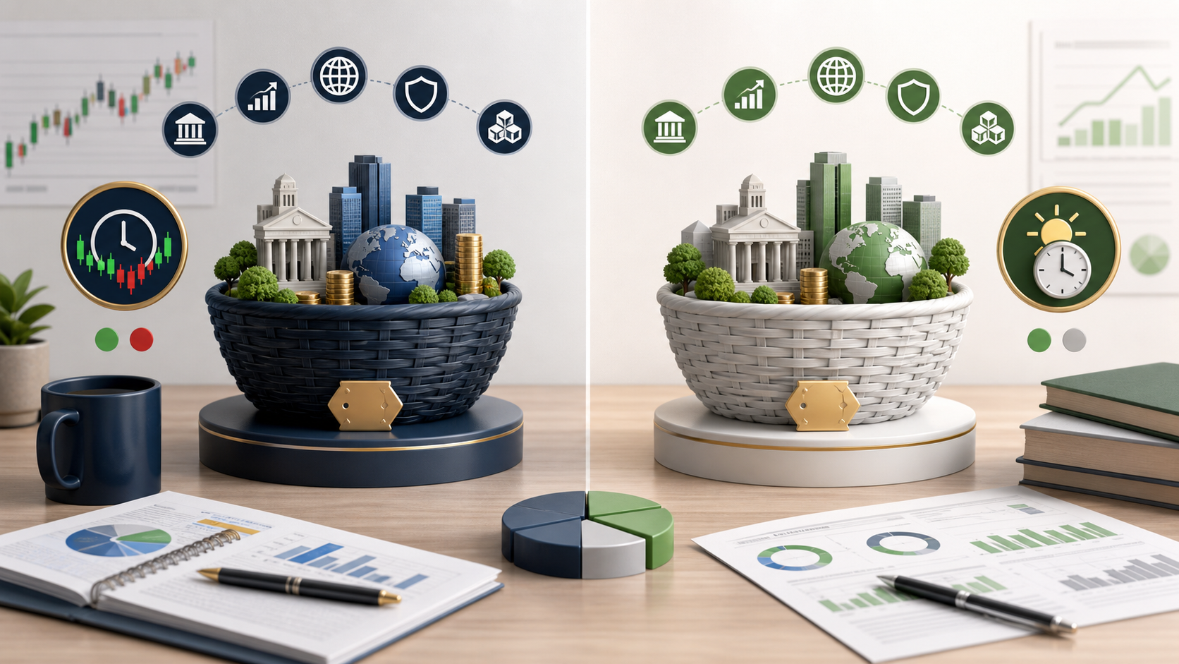 Two diversified fund baskets comparing ETF and mutual fund structures