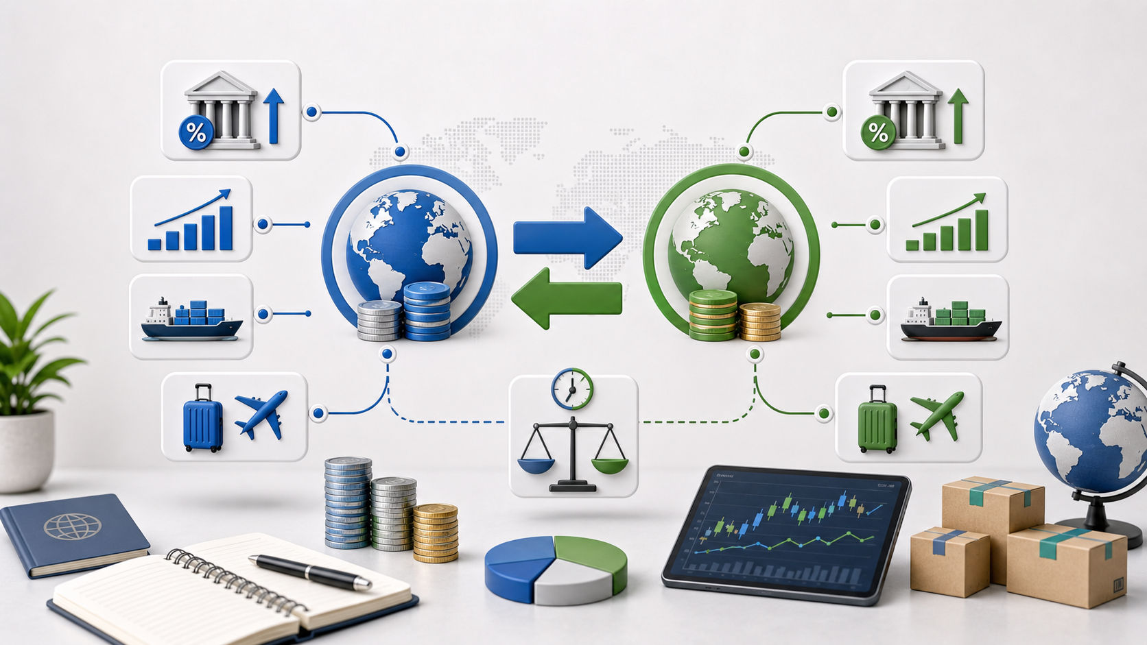 무역, 여행, 금리, market balance icon으로 표현한 두 통화권 사이 exchange rate flow