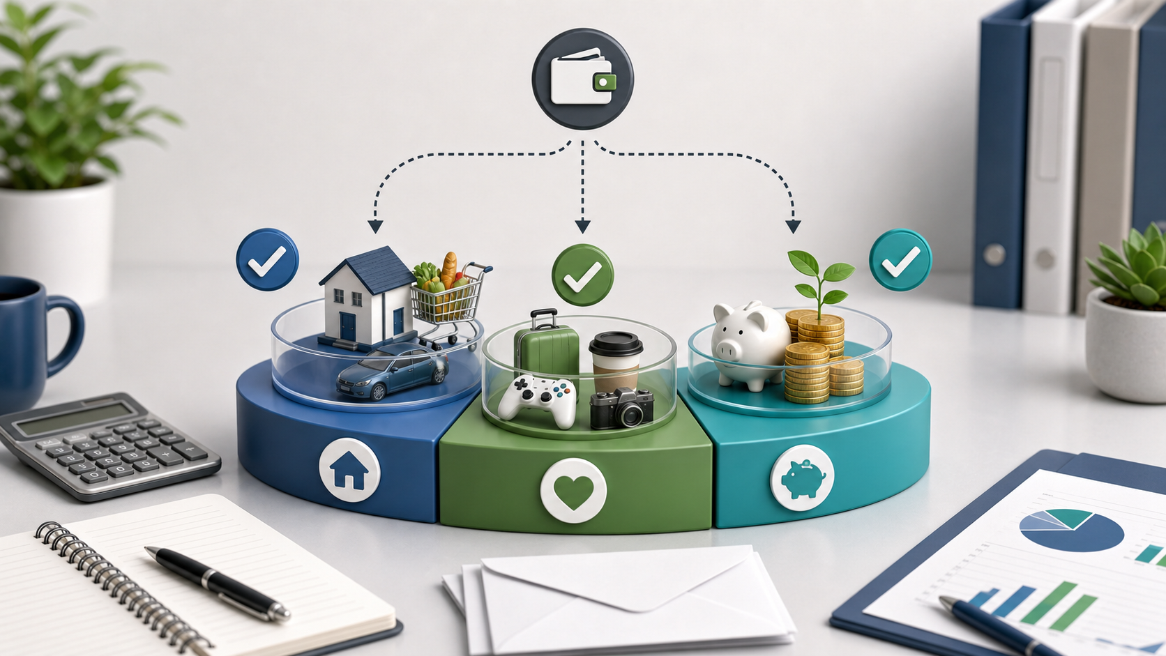 50/30/20 budget split with needs, wants, and savings containers