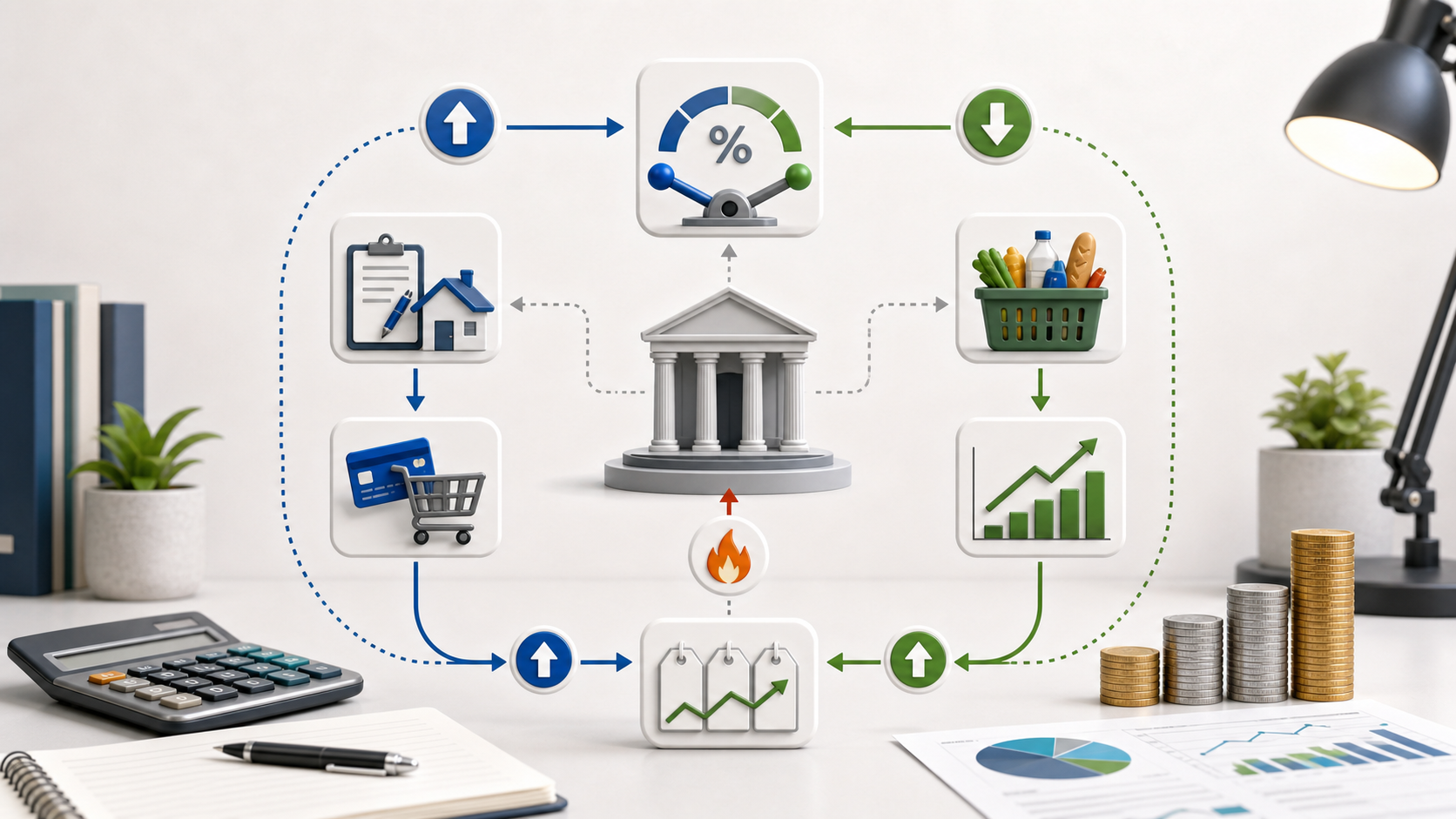 Interest rate and inflation loop with borrowing, spending, demand, and price pressure