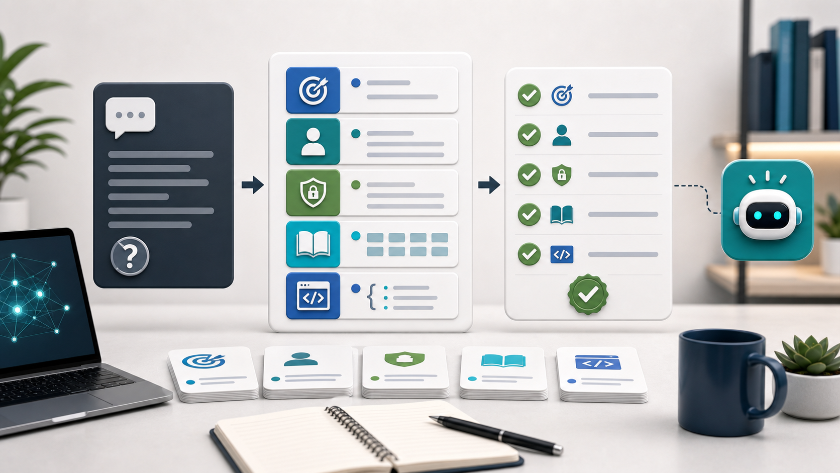 Prompt engineering workflow with task cards, checklist, and validated output